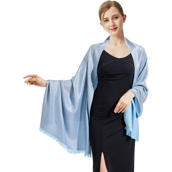 Pashmina Shawl Wraps Scarf Formal - Light Blue & Silver - Picture 1 of 6